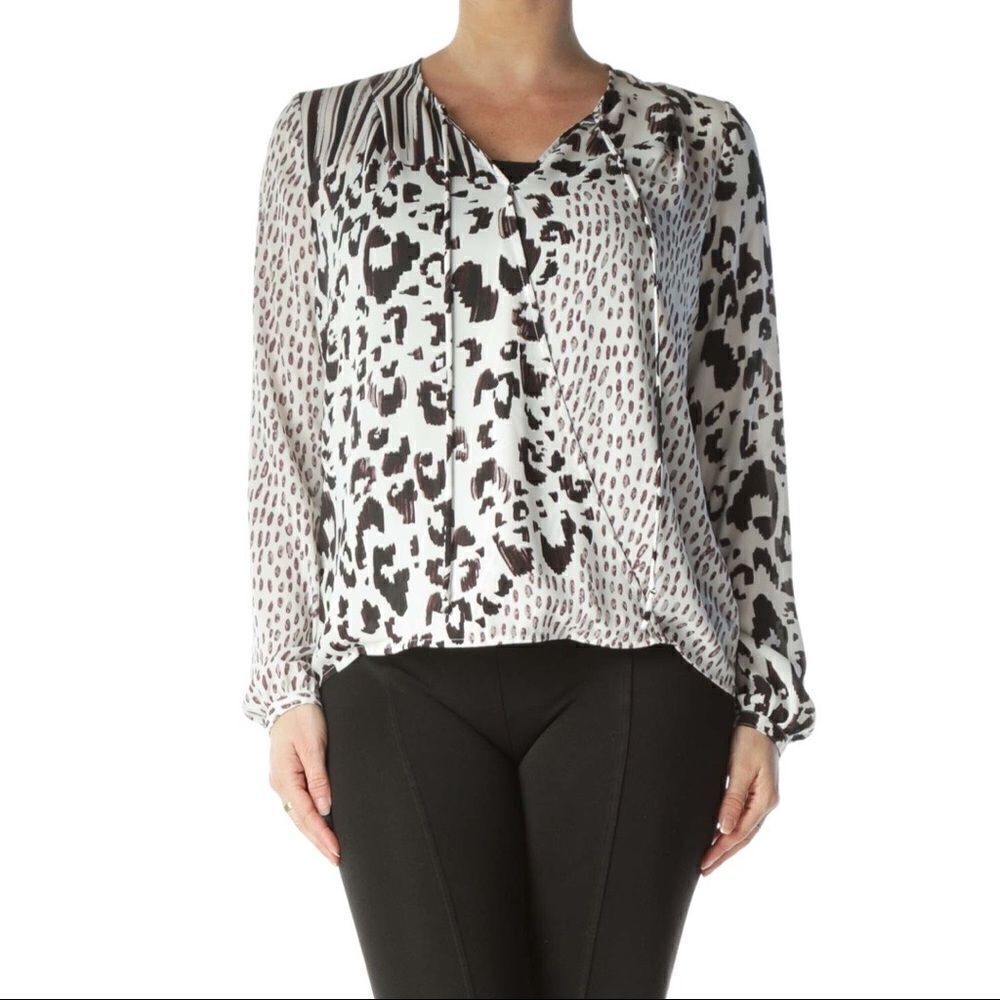 Cabi #590ivory Brown Print Silky Chiffon Wrap Blouse Size Xs